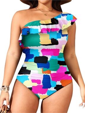 Aqua Eve Plus Size One Shoulder One Piece Swimsuit Women’s US Size 16W Ruffle